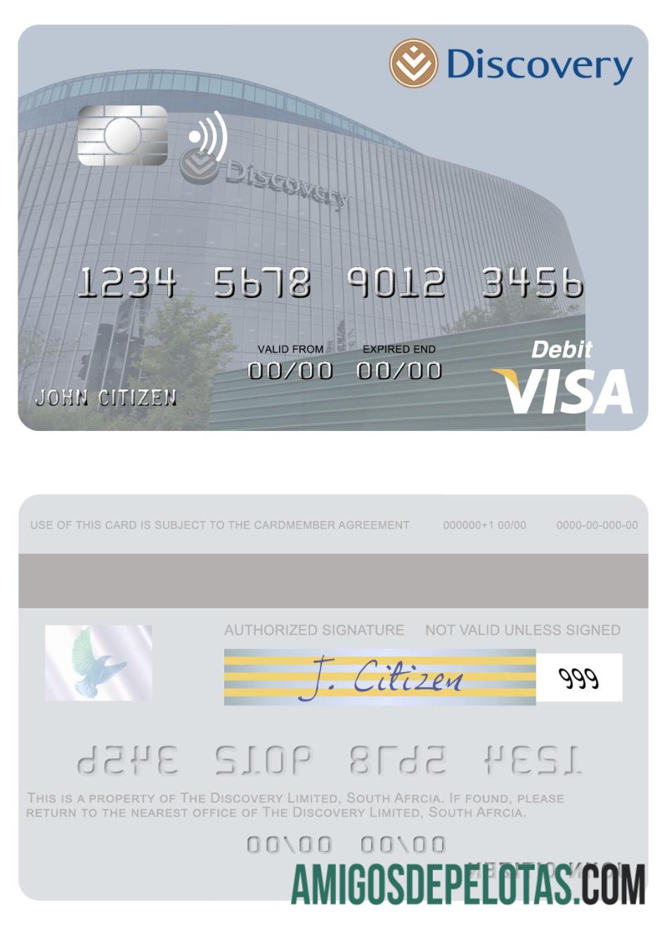Cartão de débito Visa Limited Discovery da África do Sul exemplo